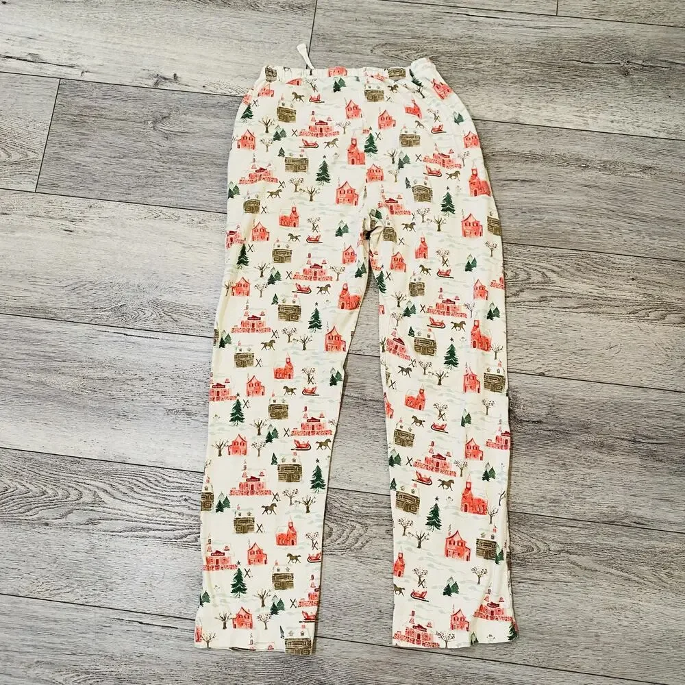 Burt's Bees Baby Adult Pajama Pants M Holiday Winter Village Organic Cotton